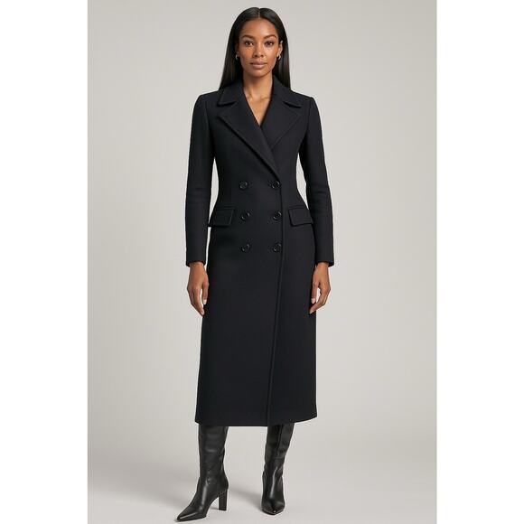 Reiss Dark Navy Wool Blend Double-Breasted Long Coat XS Classic Tailored - Picture 1 of 12